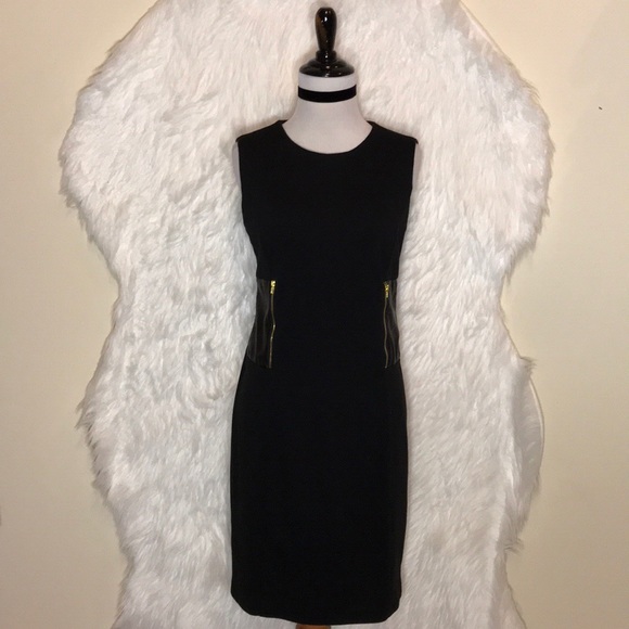calvin klein black dress with gold zipper in back Calvin Klein Black Boatneck Bell Sleeve Sheath Dress 4 Small